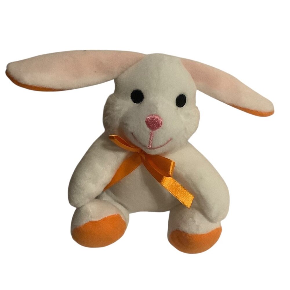 Easter‎ Plush White Bunny With Orange Accents & Ribbon Stuffed Animal 6”